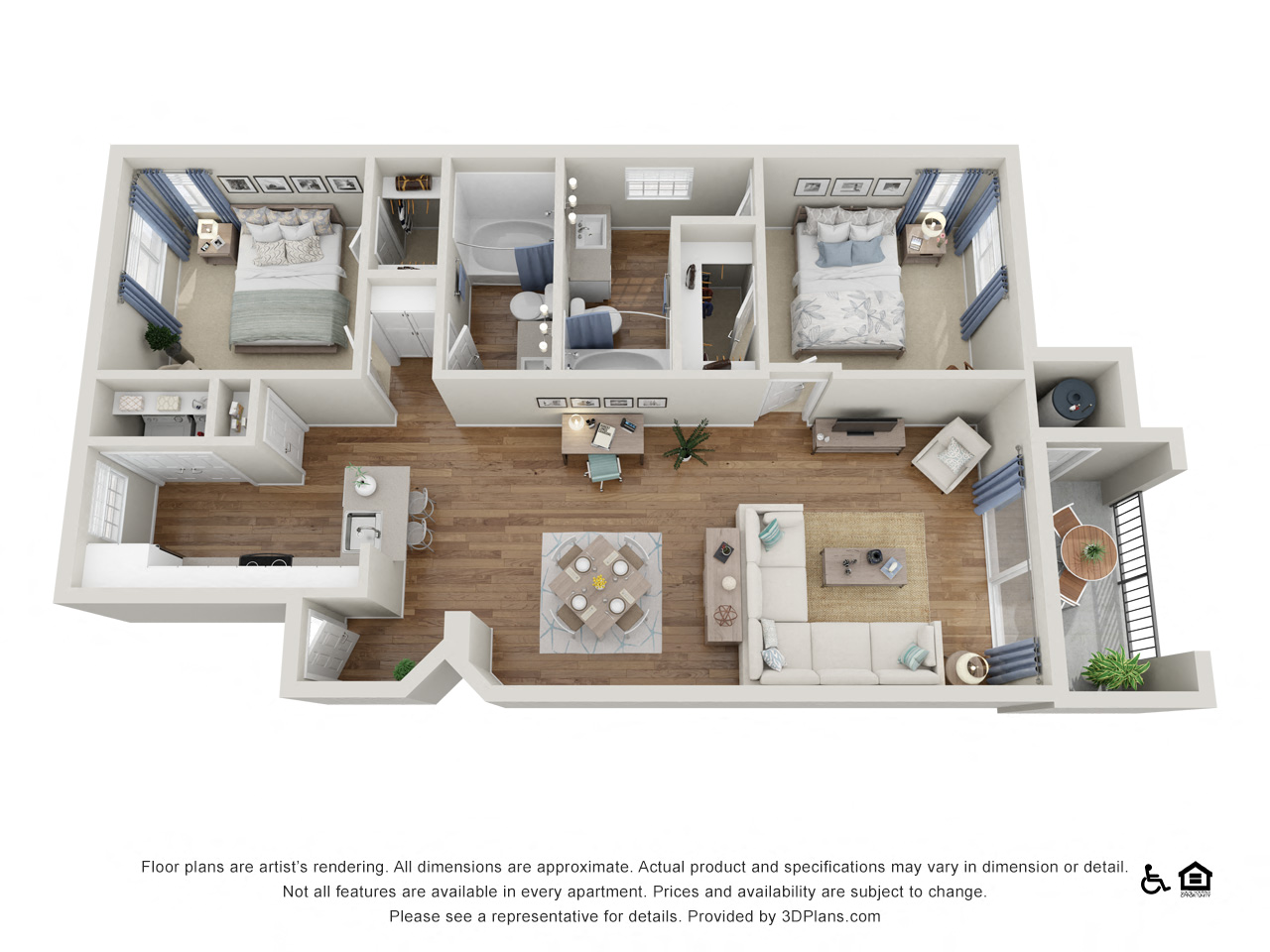 Floor plan for 2 beds, 2 baths, 1114 sqft